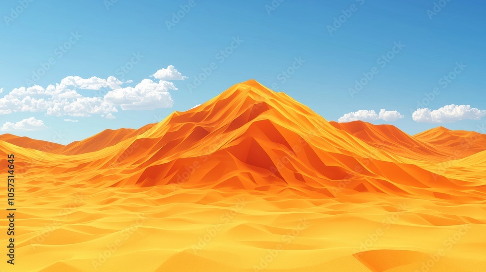 Naklejka premium Vibrant desert landscape featuring golden sand dunes under a clear blue sky, evoking tranquility and the beauty of nature's vastness.