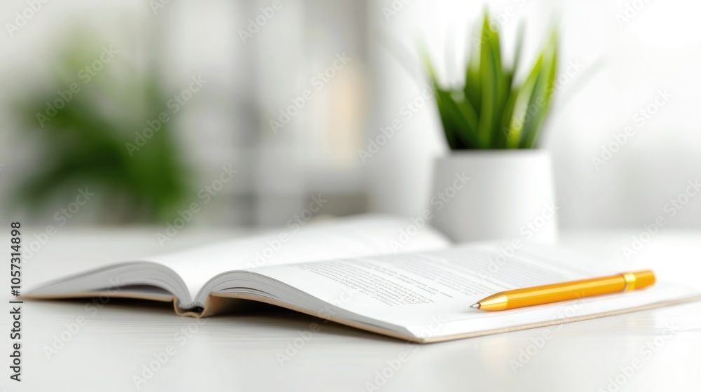 A bright workspace featuring an open notebook with a yellow pen, accompanied by a small potted plant, creating a fresh and inviting study environment. A bright workspace featuring an open notebook with a yellow pen, accompanied by a small potted plant, creating a fresh and inviting study environment.