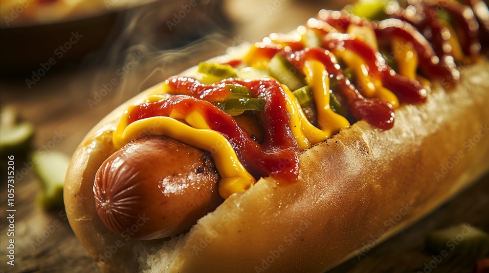 Hot dog with mustard and ketchup on a bun Hot dog with mustard and ketchup on a bun