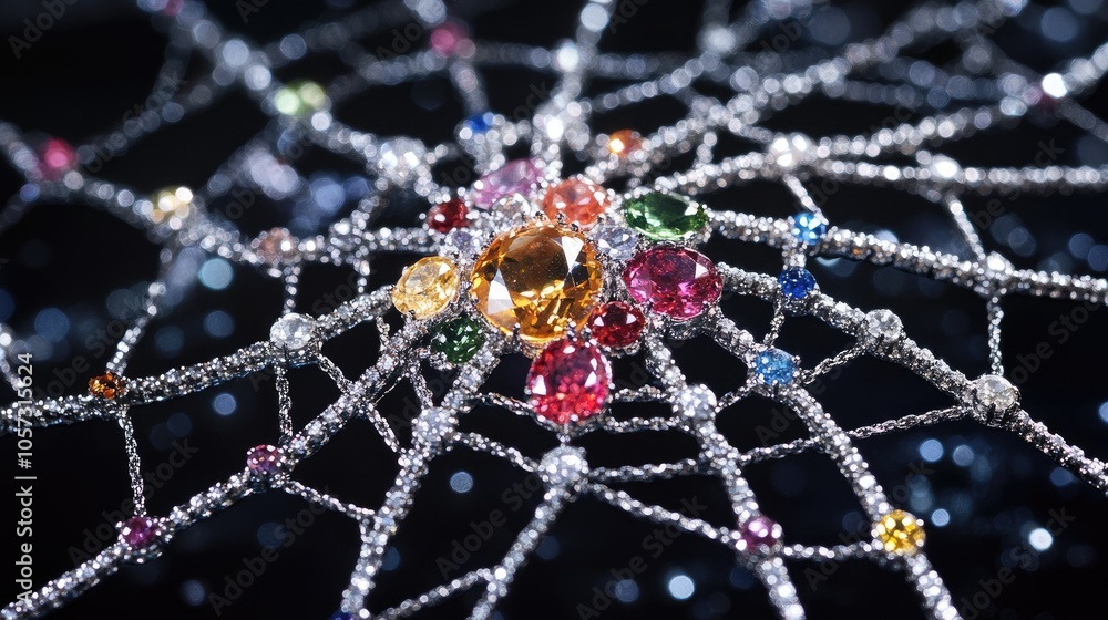 Intricately arranged gemstones and diamonds, forming a sparkling spiderweb design Intricately arranged gemstones and diamonds, forming a sparkling spiderweb design