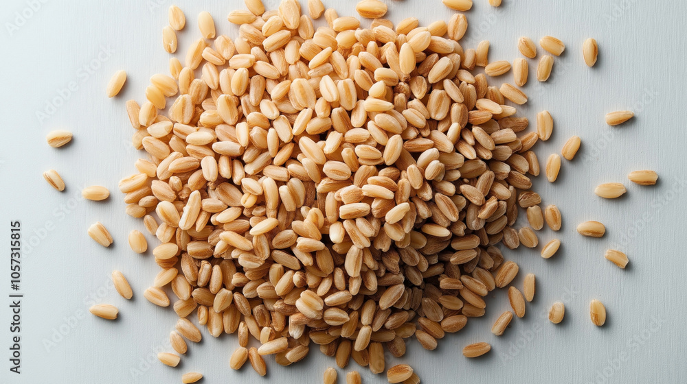 Close-up of uncooked brown rice grains scattered on a light surface Close-up of uncooked brown rice grains scattered on a light surface
