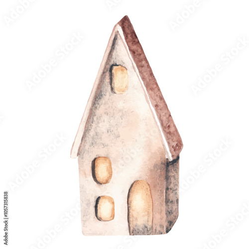 Ceramic house for Candles and tealights. Handmade brown Rustic Lantern, Light house. Home decoration. Watercolor hand drawn illustration isolated on white background. Clip art for Christmas or