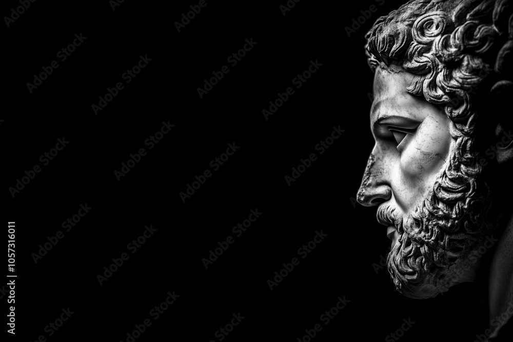 A dramatic black and white close-up of a classical statue's profile, showcasing intricate details of the beard and hair, set against a dark background.