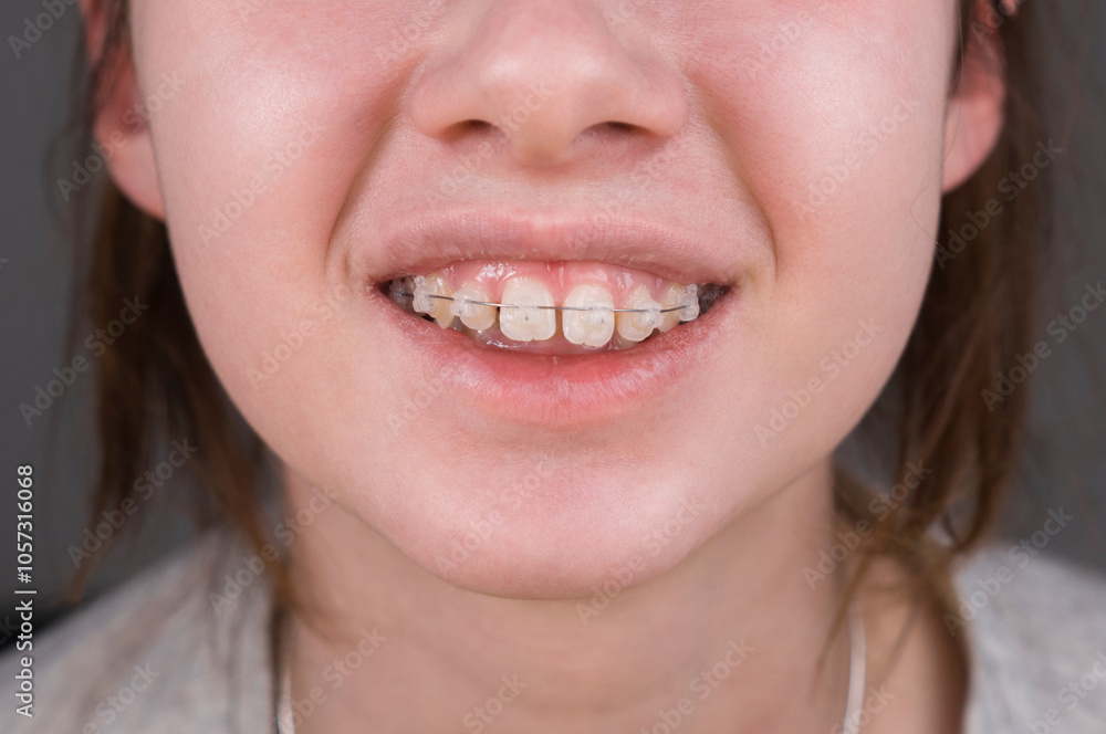 Obraz premium Close-up of a smiling teen girl with braces on her teeth