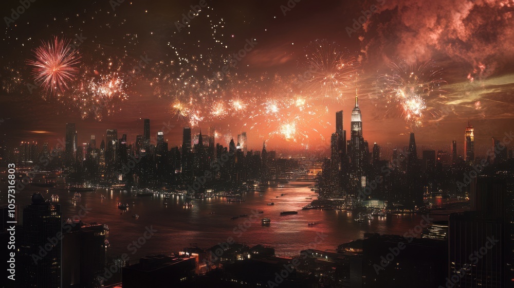 Fototapeta premium A breathtaking view of a city skyline as fireworks explode across the sky,