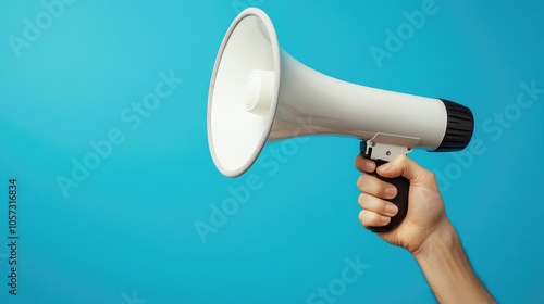 A hand gripping a megaphone or loudspeaker emerging from a blue backdrop Innovative banner design featuring a blank area for personalized advertising and messaging