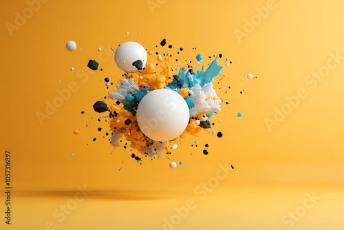 This vibrant image features a burst of varied colors and shapes, including prominent white spheres, on an orange canvas, suggestive of creativity and chaos. photo