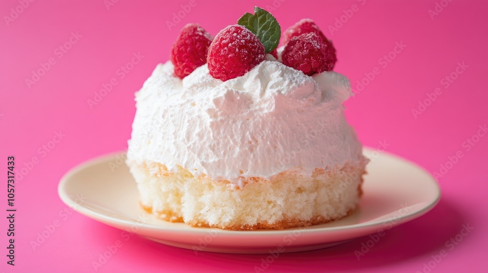 Angel Food Cake set against a vibrant pink backdrop Angel Food Cake set against a vibrant pink backdrop