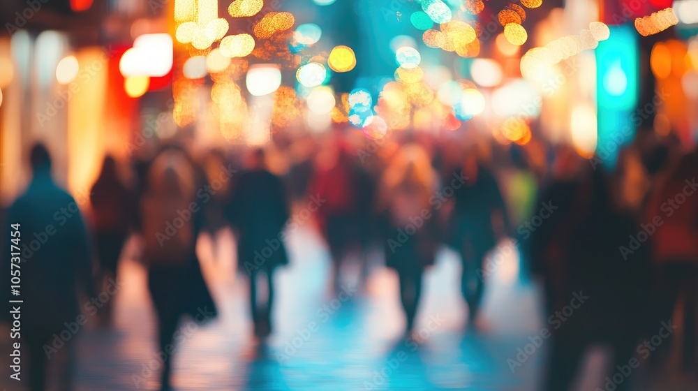 A blurry crowd of unidentified individuals on a street during autumn at dusk A blurry crowd of unidentified individuals on a street during autumn at dusk