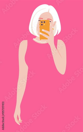 Portrait of a elderly woman holding smart phone in hand shooting selfie on front camera. Active old age. Vector flat illustration
