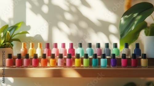 A diverse array of colorful nail gel polish bottles arranged on a shelf showcasing a vibrant collection for manicures in a stylish setting photo