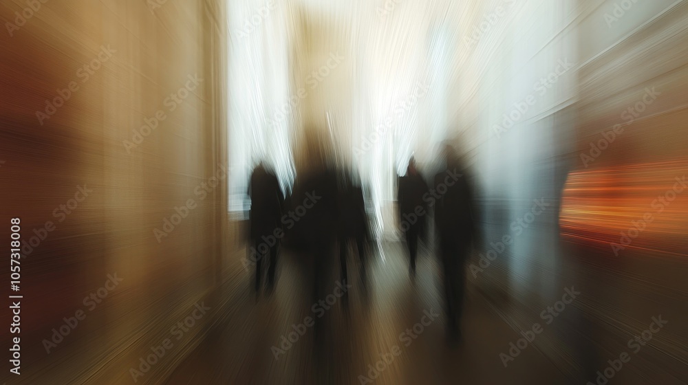 Abstract office corridor with individuals captured in motion blur Abstract office corridor with individuals captured in motion blur