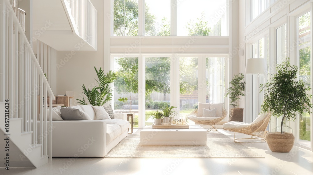 A bright and modern living room with a white staircase, A bright and modern living room with a white staircase,