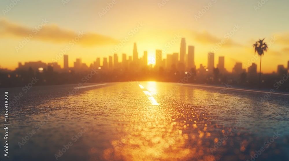 Asphalt road with a city skyline backdrop featuring a beautiful sunrise or sunset Asphalt road with a city skyline backdrop featuring a beautiful sunrise or sunset