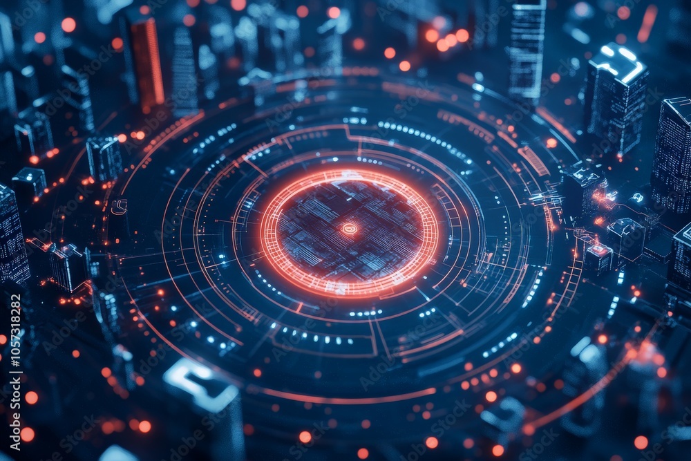 A cityscape view encircled by a dynamic digital frame, blending technology with urban life, highlighted by bright lights and abstract architectural details. A cityscape view encircled by a dynamic digital frame, blending technology with urban life, highlighted by bright lights and abstract architectural details.