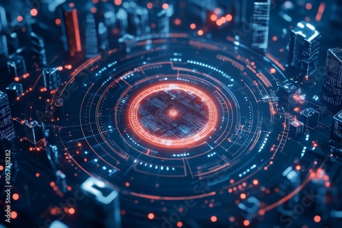 Wallpaper Mural A cityscape view encircled by a dynamic digital frame, blending technology with urban life, highlighted by bright lights and abstract architectural details. Torontodigital.ca