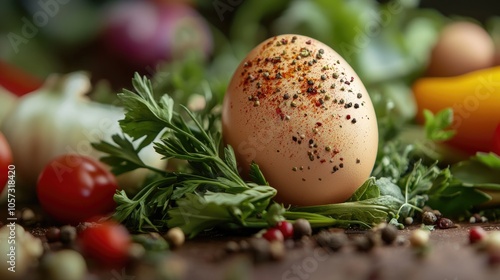 A beautifully arranged egg adorned with spices surrounded by a softly blurred background of fresh vegetables and herbs photo