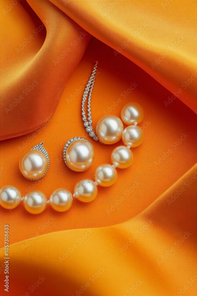 Elegant Pearl Necklace and Earrings on Vibrant Orange Satin Fabric, Jewelry Display with Luxurious Charm, elegance concept Elegant Pearl Necklace and Earrings on Vibrant Orange Satin Fabric, Jewelry Display with Luxurious Charm, elegance concept