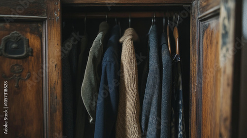A slightly ajar vintage wooden door reveals an assortment of neatly hung clothes in a cozy room setting during the day