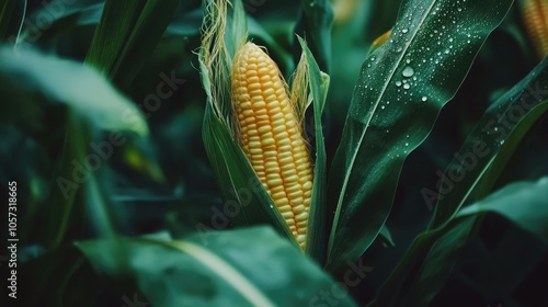 An ear of corn featuring vibrant golden grains nestled among lush green leaves adorned with dew drops Concept agriculture and healthy eating photo