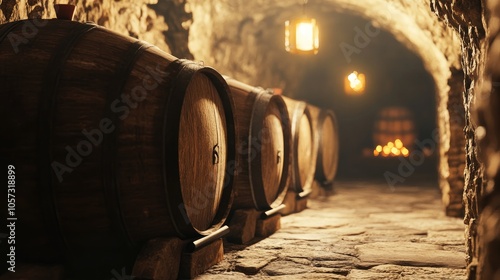 Aging wine barrels in a rustic stone cellar illuminated by soft warm lighting photo