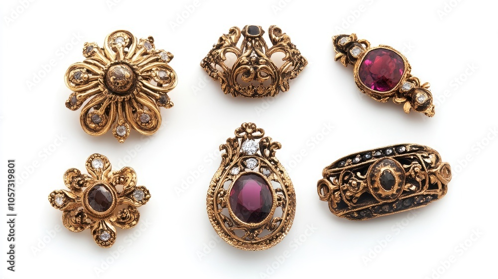 Antique gold brooch jewelry set against a white background Antique gold brooch jewelry set against a white background