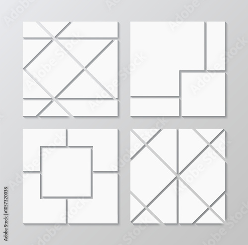 Mosaic pictures geometric frames set. Organised portfolio template. Collection of photo moodboard. Collage layout. Mood board grid. Album brandboard. Gallery banner. Vector illustration