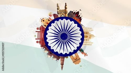 The Ashoka Chakra is encircled by famous Indian monuments in this revolving animation, signifying India's unity and rich cultural legacy. Ideal for patriotic and cultural themes.