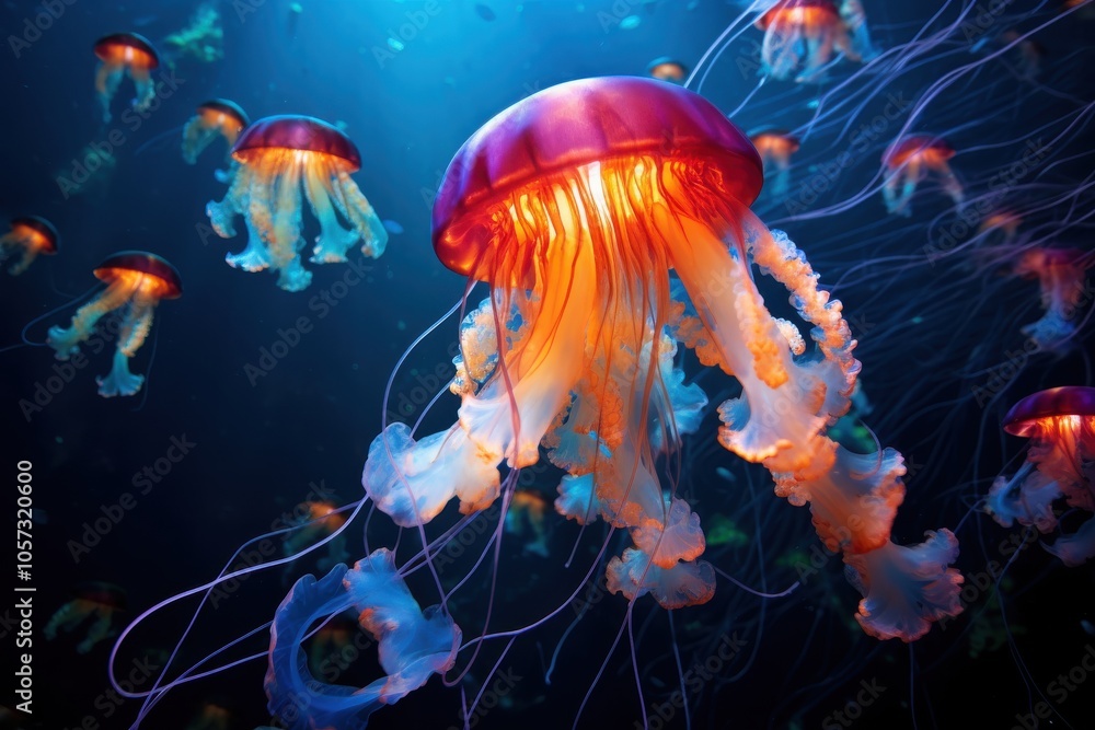 Naklejka premium Vibrant orange and purple jellyfish illuminated underwater in a deep blue sea, Ai Generation
