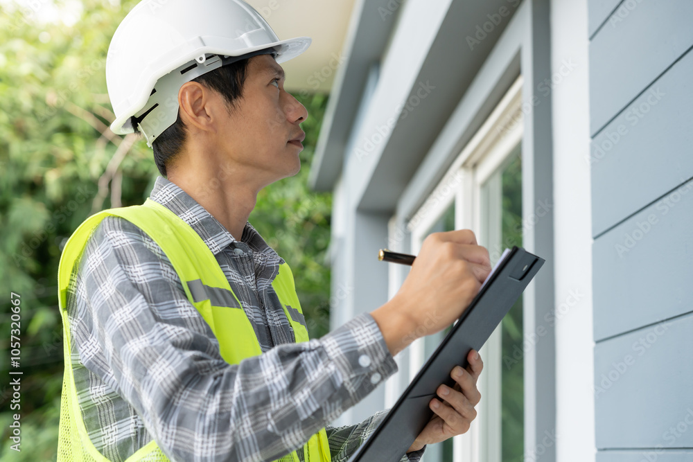 inspector or engineer is inspecting construction and quality assurance new house using a checklist. Engineers or architects or contactor work to build the house before handing it over to the homeowner inspector or engineer is inspecting construction and quality assurance new house using a checklist. Engineers or architects or contactor work to build the house before handing it over to the homeowner