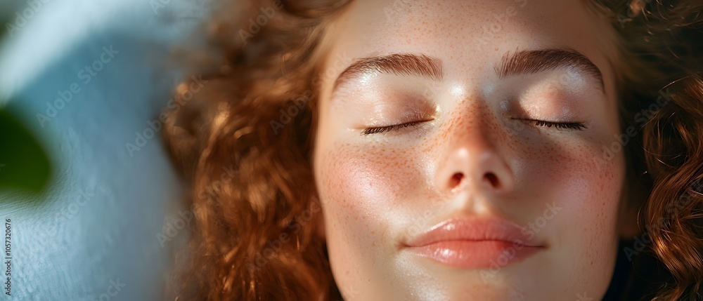 Serene woman with her eyes closed massaging the bridge of her nose seeking relief from eye strain blurry vision and fatigue Serene woman with her eyes closed massaging the bridge of her nose seeking relief from eye strain blurry vision and fatigue