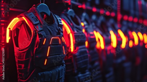 A row of brightly lit military vests hang on a rack photo