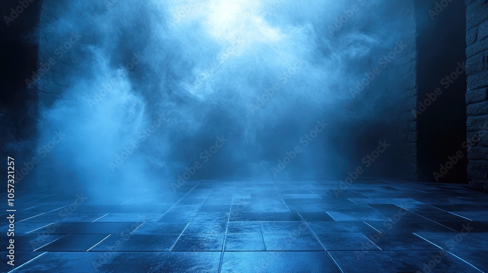 A dimly lit space featuring a tiled floor enhanced by striking blue lights and enveloped in swirling smoke A dimly lit space featuring a tiled floor enhanced by striking blue lights and enveloped in swirling smoke
