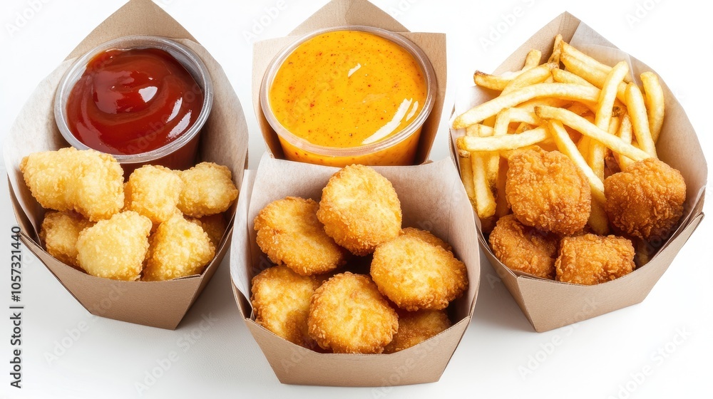 Aerial view of three meals featuring french fries chicken nuggets and various sauces from a fast food establishment Aerial view of three meals featuring french fries chicken nuggets and various sauces from a fast food establishment