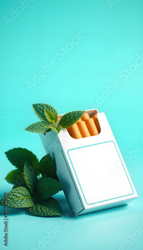 Pack of menthol cigarettes and mint on turquoise background, closeup. Space for text isolated with white highlights, png photo