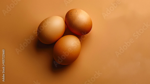 Three brown eggs on a monochromatic orange background photo