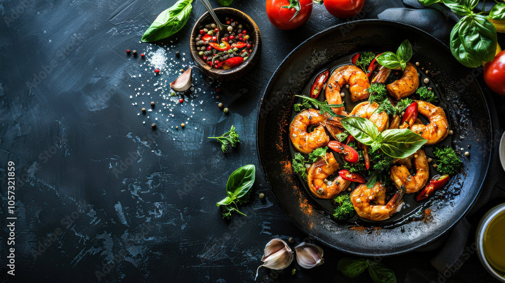 Grilled shrimp with herbs and spices in a black plate on dark background Grilled shrimp with herbs and spices in a black plate on dark background