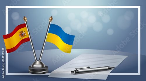 Spain and Ukraine Small national flag on bokeh background, cooperative relationship