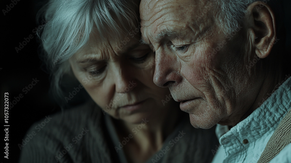 Elderly couple with sad expressions in gentle lighting Elderly couple with sad expressions in gentle lighting