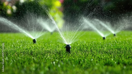 Automatic sprinklers for efficient grass irrigation The lawn receives water during the summer ideal for residential use photo