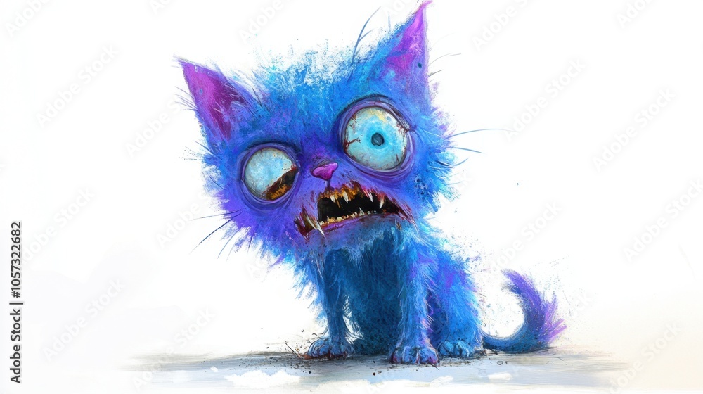 A playful zombie kitten with one eye missing and a cheerful demeanor, illustrated in vibrant colors, isolated on a bright white backdrop. A playful zombie kitten with one eye missing and a cheerful demeanor, illustrated in vibrant colors, isolated on a bright white backdrop.