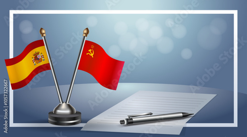 Spain and USSR Small national flag on bokeh background, cooperative relationship