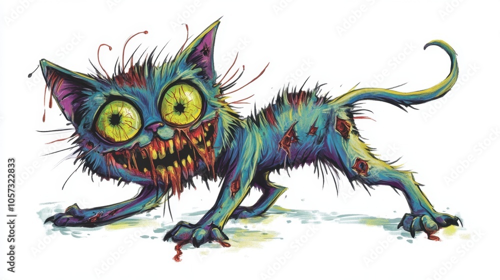 A playful zombie kitten with one eye missing and a cheerful demeanor, illustrated in vibrant colors, isolated on a bright white backdrop. A playful zombie kitten with one eye missing and a cheerful demeanor, illustrated in vibrant colors, isolated on a bright white backdrop.