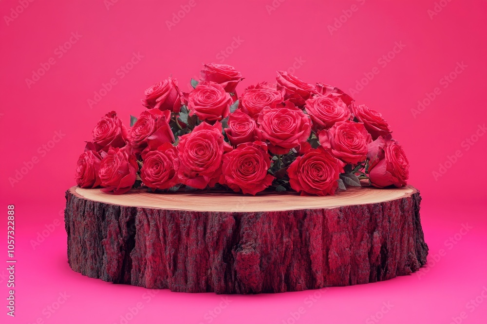 Wood podium saw cut of tree decorated with red roses on vivid magenta background. Concept scene stage showcase, product. Trendy color 2025 with generative ai Wood podium saw cut of tree decorated with red roses on vivid magenta background. Concept scene stage showcase, product. Trendy color 2025 with generative ai