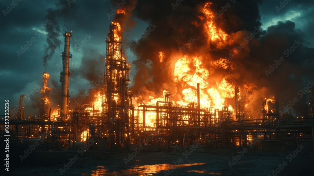Massive explosion at industrial refinery at sunset, fire and destruction, catastrophic scene, oil facility on fire, dramatic disaster, burning flames, factory destruction, environmental impact Massive explosion at industrial refinery at sunset, fire and destruction, catastrophic scene, oil facility on fire, dramatic disaster, burning flames, factory destruction, environmental impact