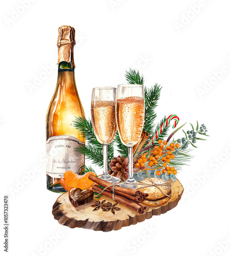 champagne bottle and glass, Christmas composition in orange color photo