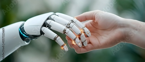 Robot and Human Hands Connecting in Glowing Digital Network Showcasing the Future of Intelligence and Machine Learning Innovation