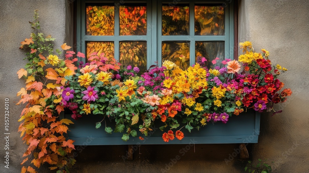 A Colorful Window Box Overflowing with Autumn Flowers A Colorful Window Box Overflowing with Autumn Flowers