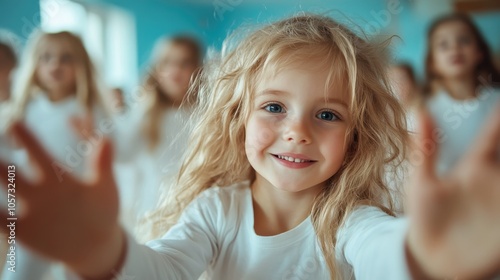 A smiling young girl extends her arms towards the viewer amidst a group of children all dressed in white, creating a heartwarming and welcoming scene of unity.