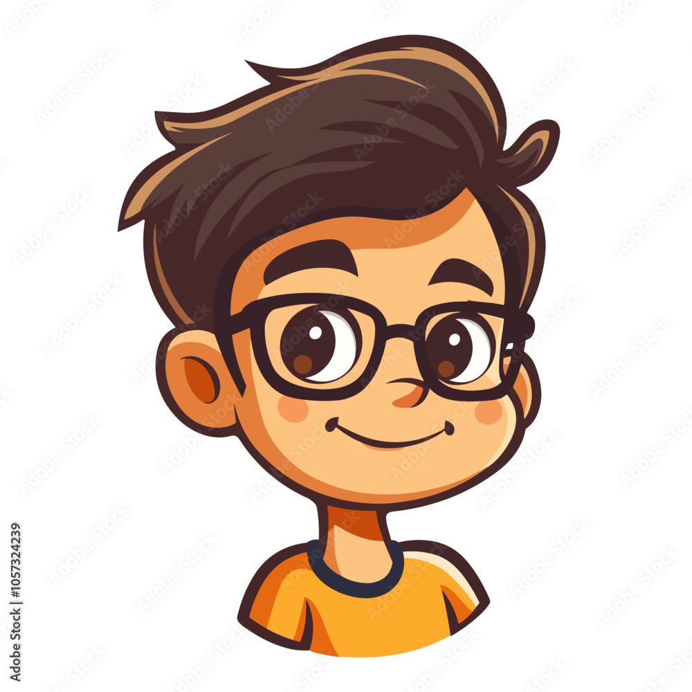 A cartoon boy with glasses and a smile on his face. He is wearing an orange shirt. The image is of a cartoon character A cartoon boy with glasses and a smile on his face. He is wearing an orange shirt. The image is of a cartoon character